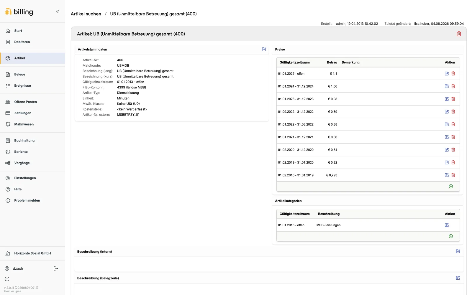 Artikel „Unmittelbare Betreuung" in agilion billing mit Preishistorie in Zeitscheiben von 2018 bis heute