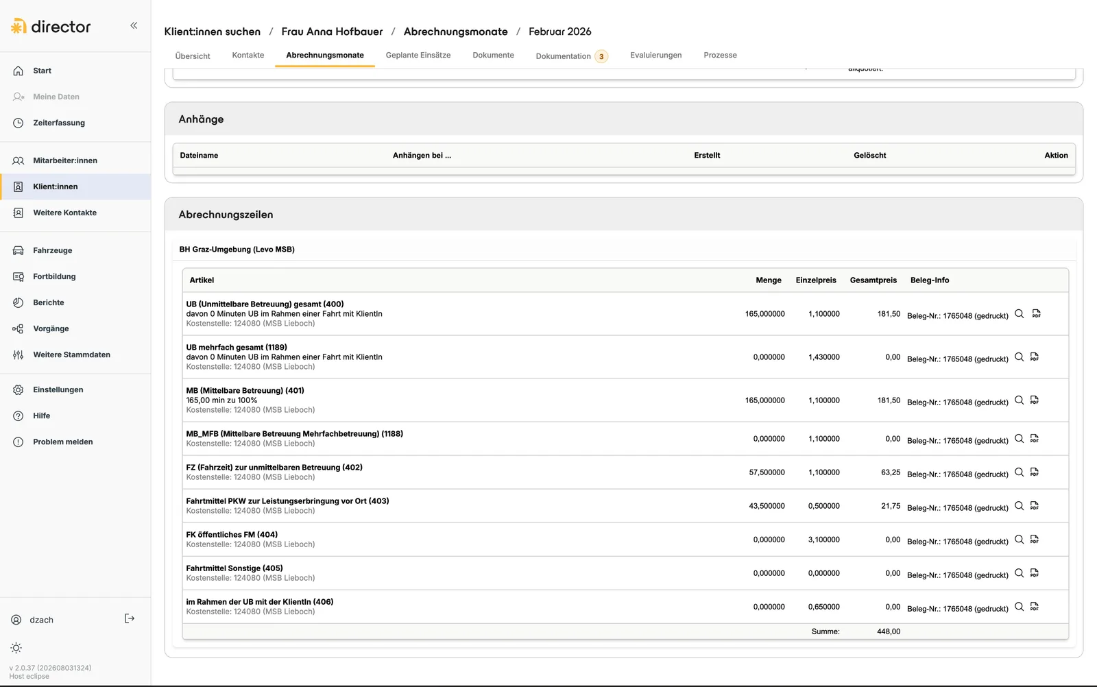 Automatisch erzeugte Abrechnungszeilen einer Förderstelle mit Artikeln, Mengen, Einzelpreisen und zugehörigen Beleg-Nummern