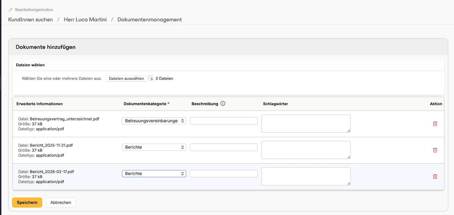 Multi-Upload: mehrere Dateien in einem Zug hochladen und je Datei die Dokumentenkategorie zuweisen