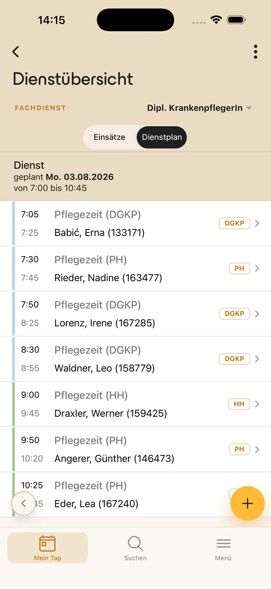 Dienstplan in agilion mobile: geplanter Dienst mit Pflegezeit-Einsätzen, Klient:innen und Uhrzeiten im Tagesverlauf