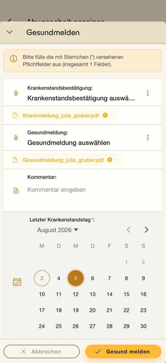 Konfigurierbares Gesundmelden-Formular in agilion mobile mit Pflichtfeld-Hinweis, hochgeladener Krankenstandsbestätigung und Kalender zur Auswahl des letzten Krankenstandstags