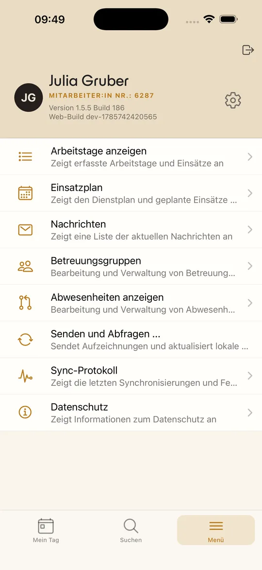 Menü von agilion mobile mit Einsatzplan, Nachrichten, Abwesenheiten, „Senden und Abfragen" und Sync-Protokoll
