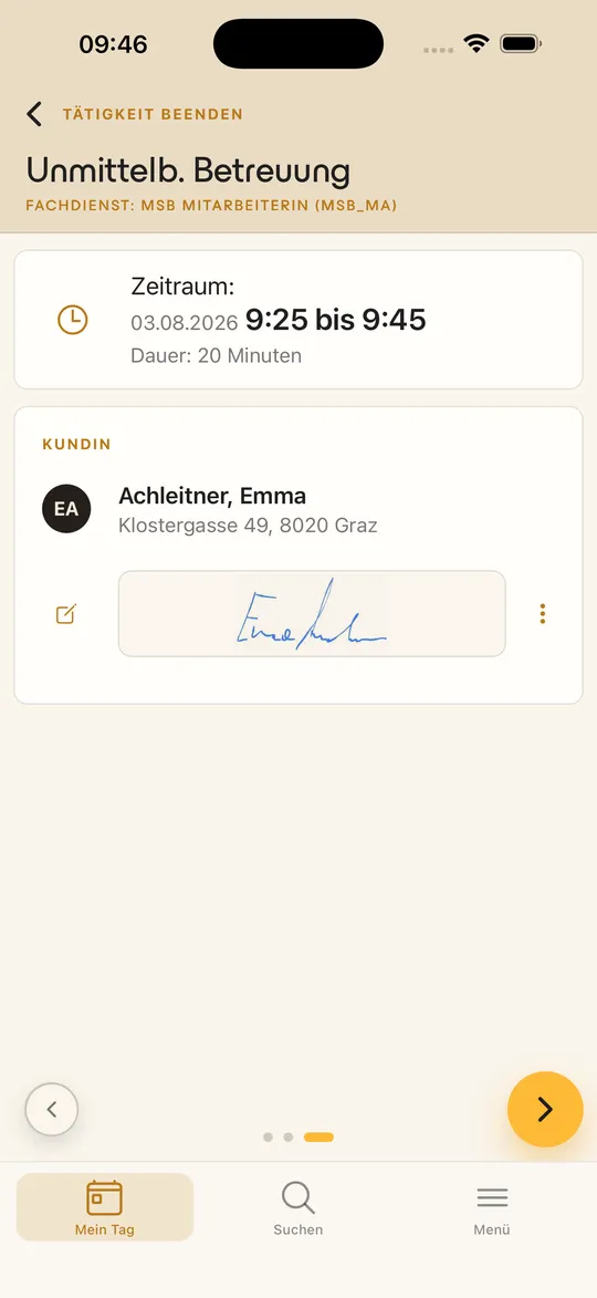 Abgeschlossene Unmittelbare Betreuung in agilion mobile mit Zeitraum, Kundin und erfasster Unterschrift