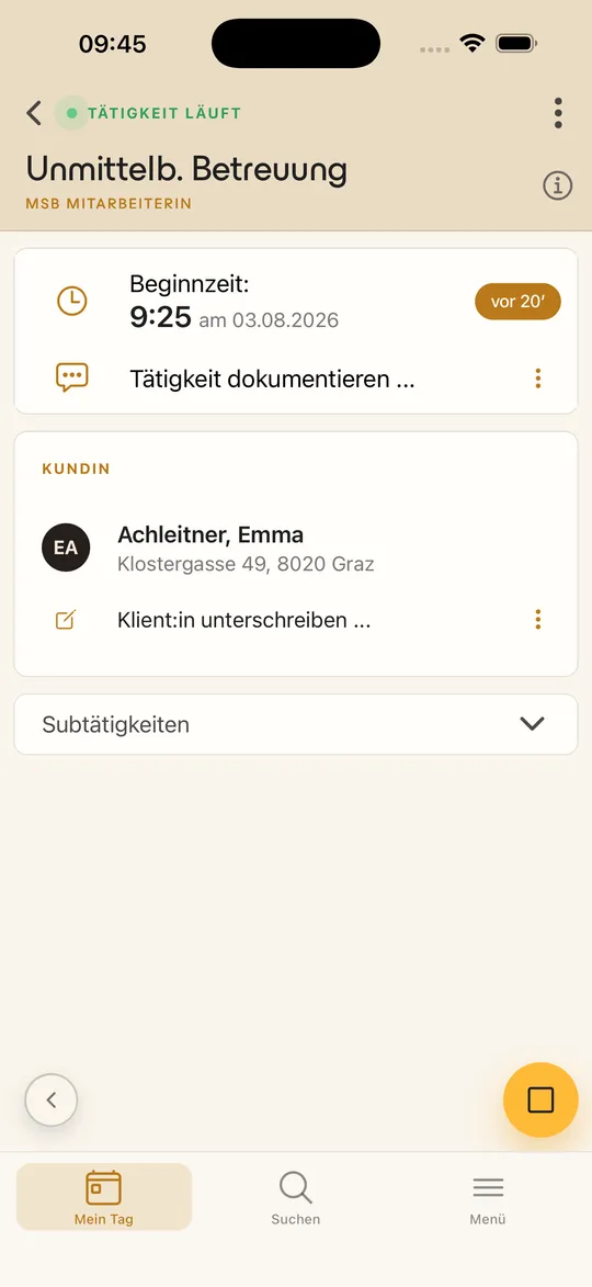 agilion mobile: laufende Unmittelbare Betreuung mit Beginnzeit, Kundin und der Option „Klient:in unterschreiben"