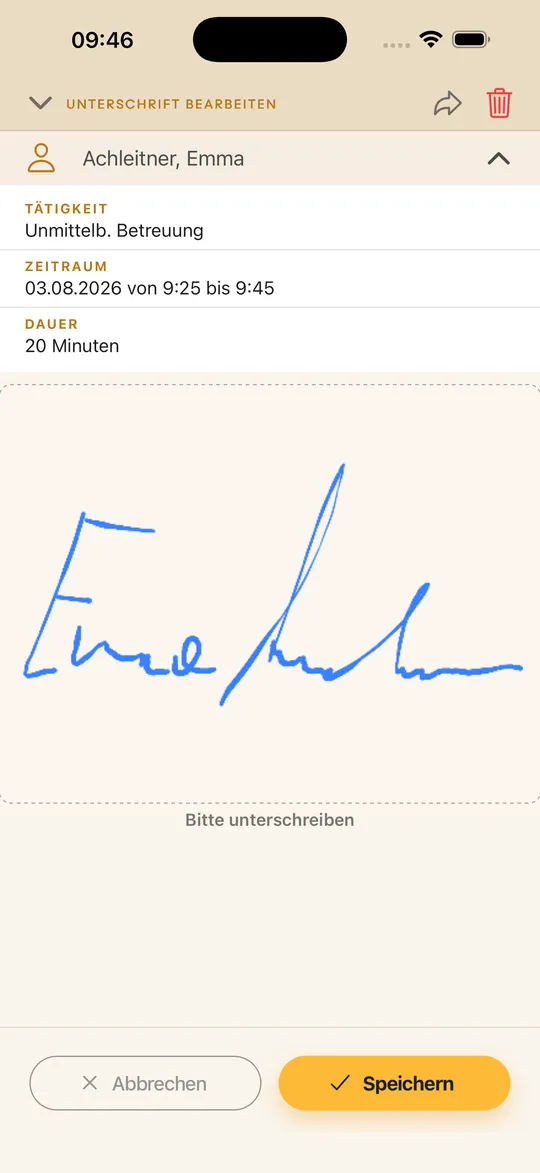 Unterschrift-Erfassung in agilion mobile: Klientin unterschreibt eine Unmittelbare Betreuung direkt am Smartphone
