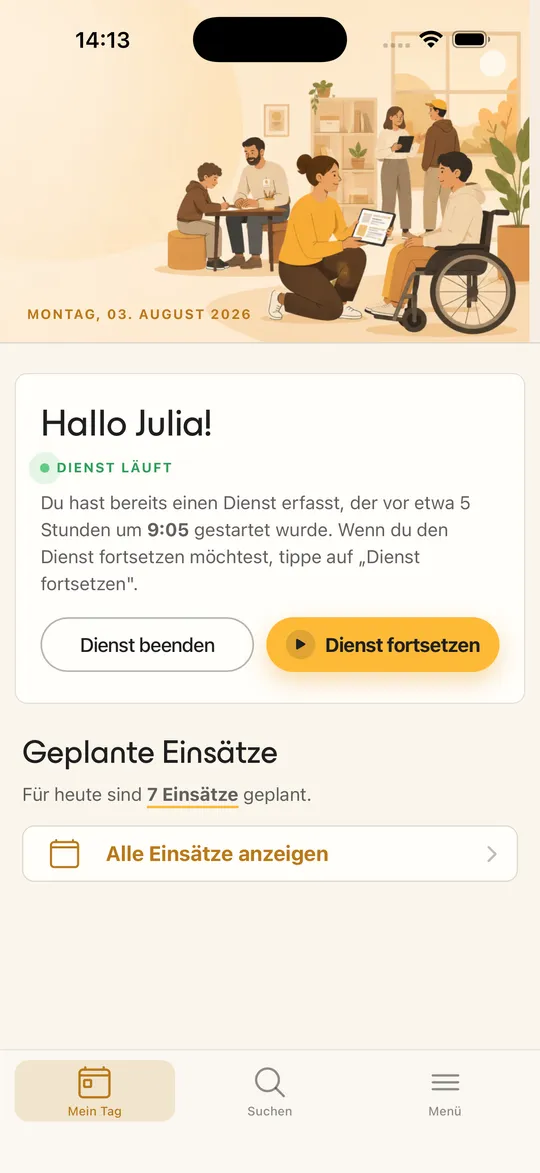 agilion mobile: Startbildschirm mit persönlicher Begrüßung, laufendem Dienst und sieben geplanten Einsätzen für heute