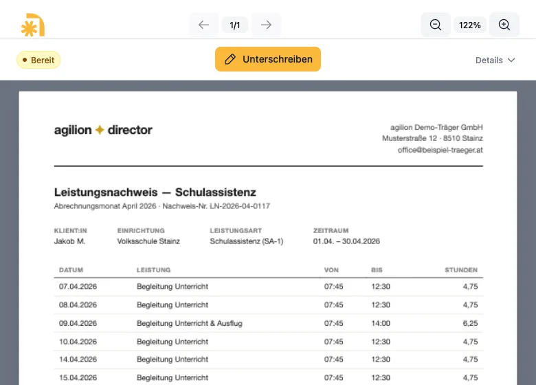 Ein mit dem Berichtswesen erzeugter Leistungsnachweis als PDF — hier in der Signatur-Ansicht