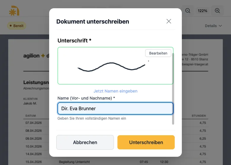 Der Signatur-Dialog: Unterschrift zeichnen, Name eingeben — direkt im Browser